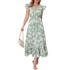 Women Floral Dress Summer Boho V Neck Cap Sleeveless Maxi Dress Green